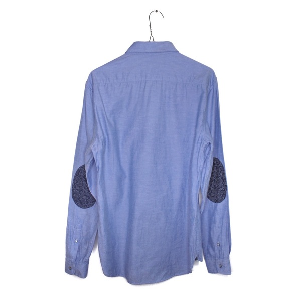 Zara Man NWT Denim Blue Button Up with Patterned Elbow Patch Top Medium - Picture 8 of 10
